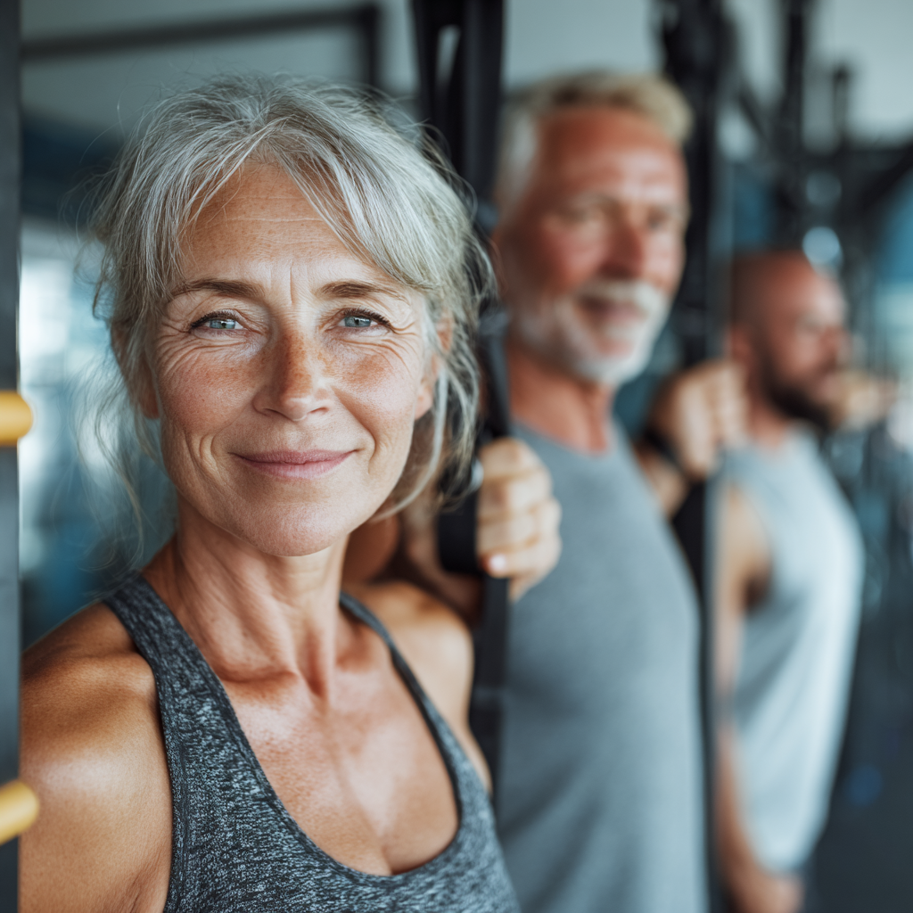 Modern fitness studio with mature adults doing functional training exercises