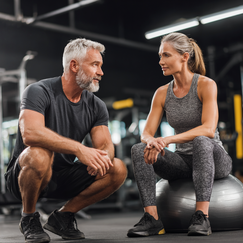 Professional fitness trainer working with middle-aged client in modern gym